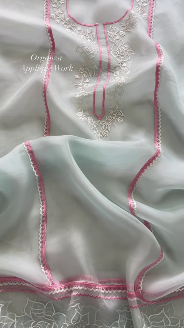 350-4.png Sky Blue Organza Appliqué Work Unstitched Suit Set
