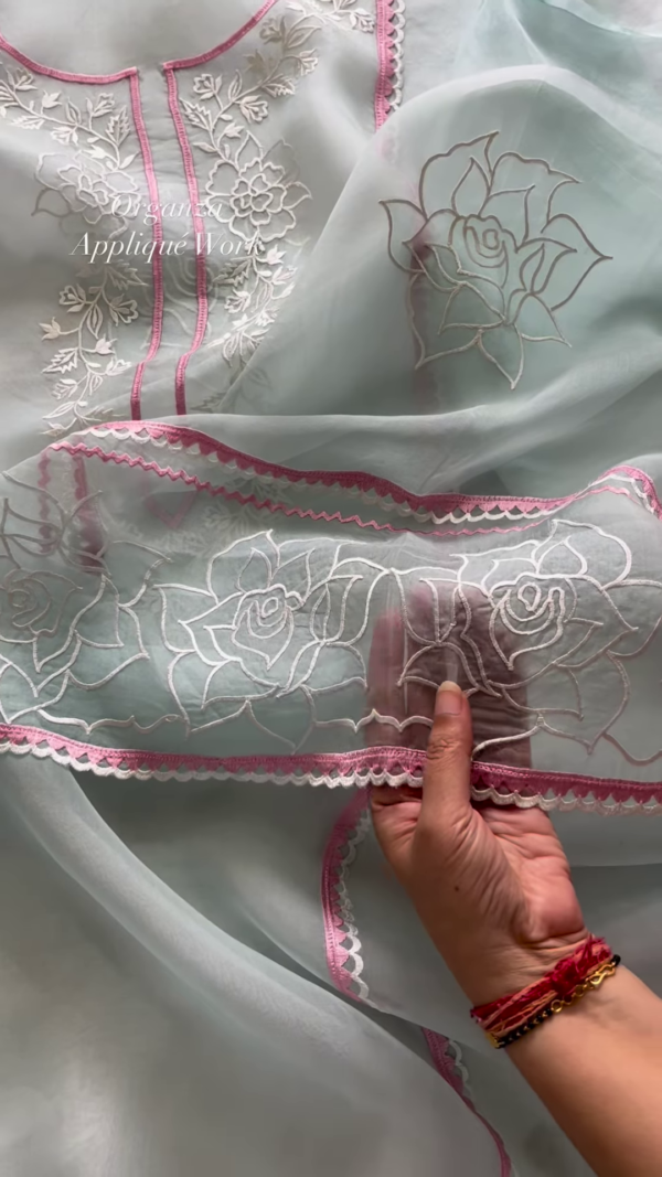 350-5.png Sky Blue Organza Appliqué Work Unstitched Suit Set