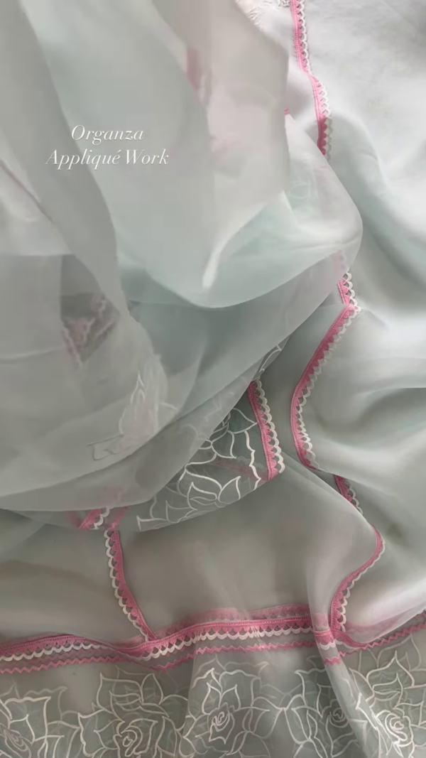 350-6.png Sky Blue Organza Appliqué Work Unstitched Suit Set