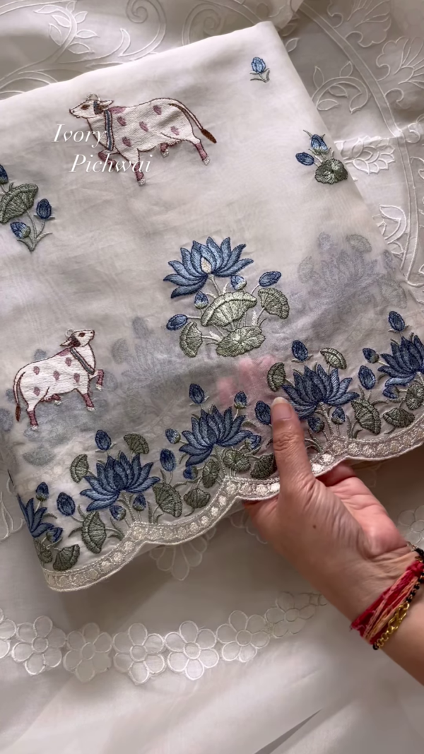 Ivory Pichwai Embroidered Linen Blend Fabric