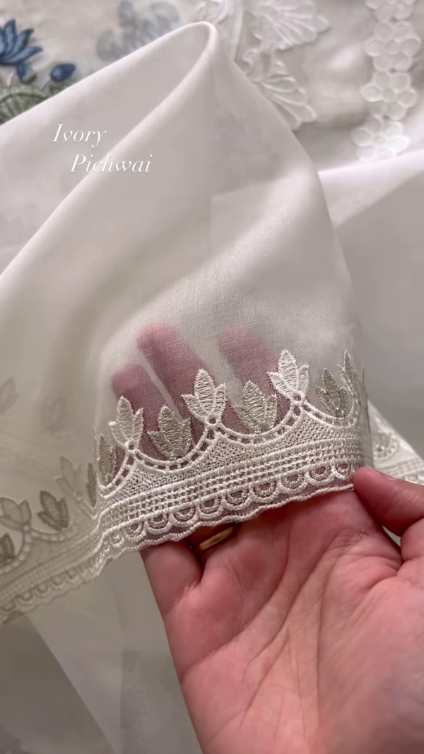 Ivory Pichwai Embroidered Linen Blend Fabric