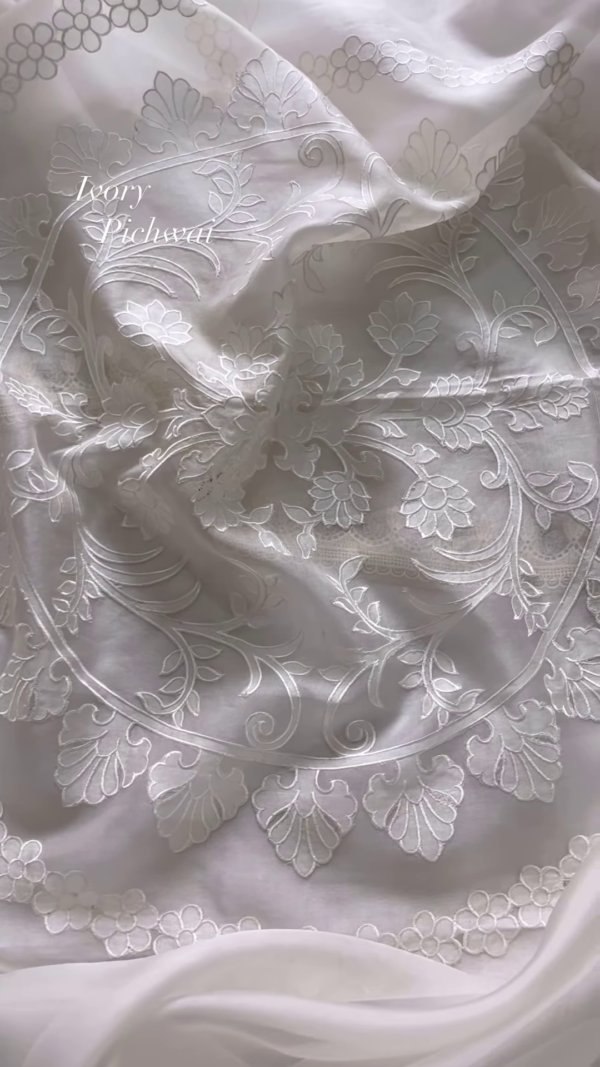 Ivory Pichwai Embroidered Linen Blend Fabric