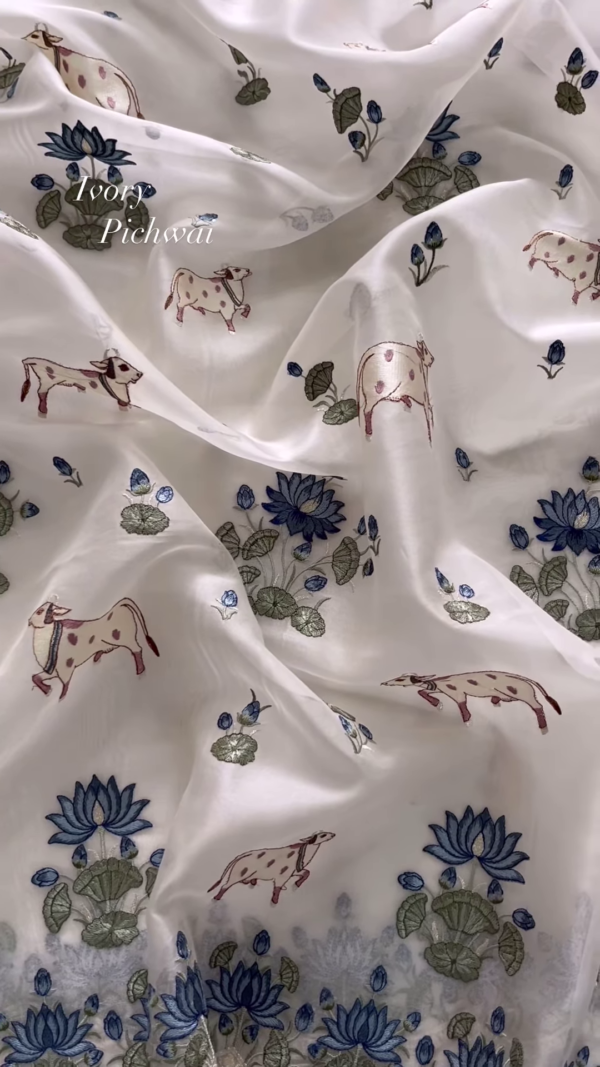 Ivory Pichwai Embroidered Linen Blend Fabric