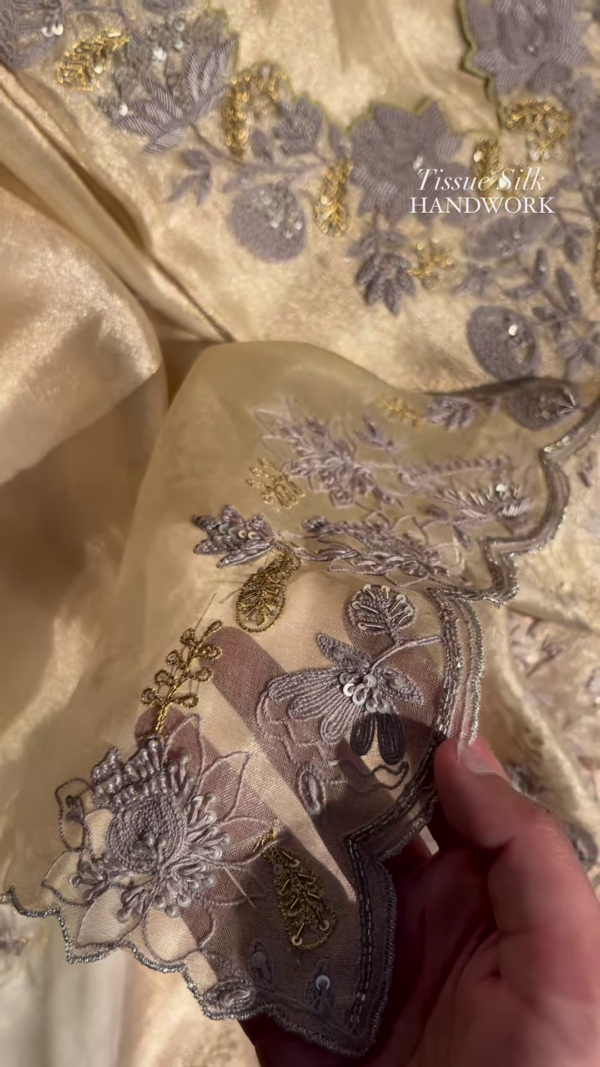 Champagne Tissue Silk Hand-Embroidered Fabric with Lilac and Gold Threadwork