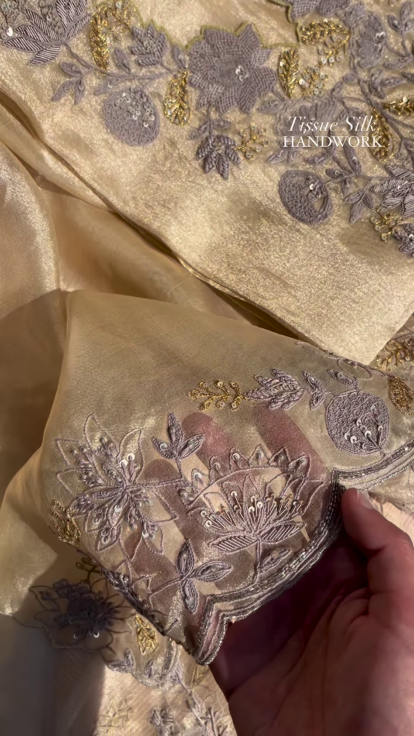 Champagne Tissue Silk Hand-Embroidered Fabric with Lilac and Gold Threadwork