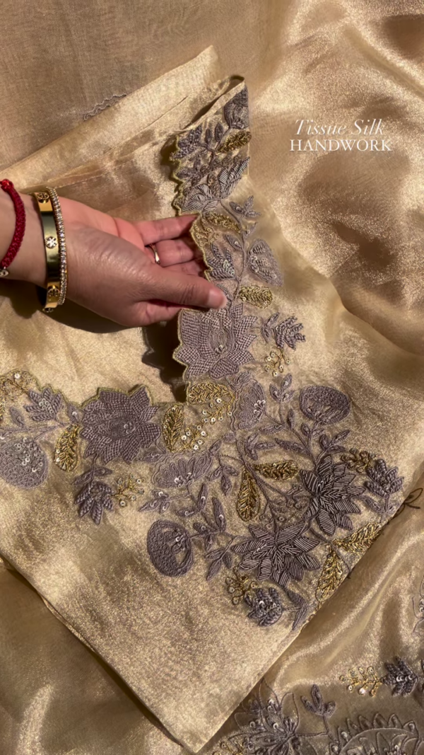 Champagne Tissue Silk Hand-Embroidered Fabric with Lilac and Gold Threadwork