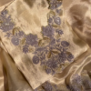 Champagne Tissue Silk Hand-Embroidered Fabric with Lilac and Gold Threadwork
