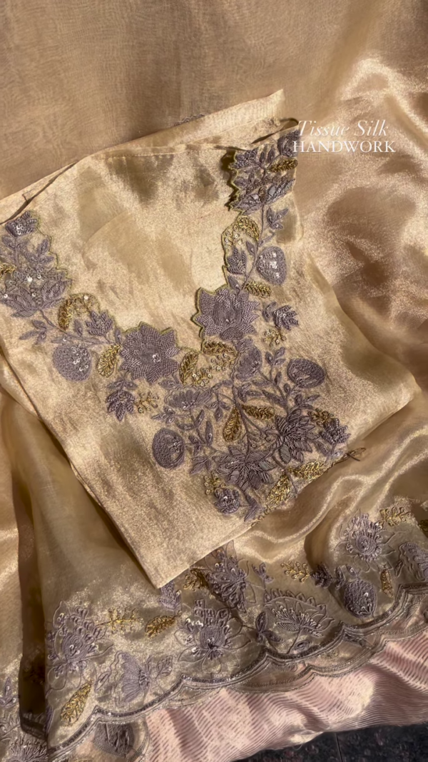 Champagne Tissue Silk Hand-Embroidered Fabric with Lilac and Gold Threadwork