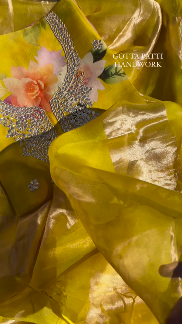 Sunshine Yellow Floral Print Organza Suit with Gotta Patti Handwork
