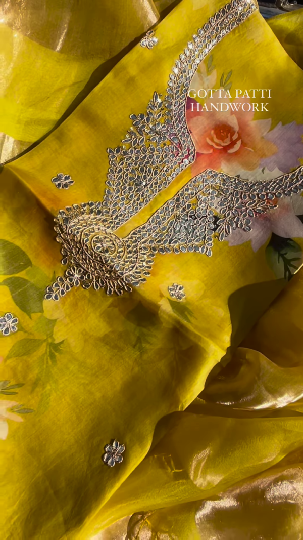 Sunshine Yellow Floral Print Organza Suit with Gotta Patti Handwork