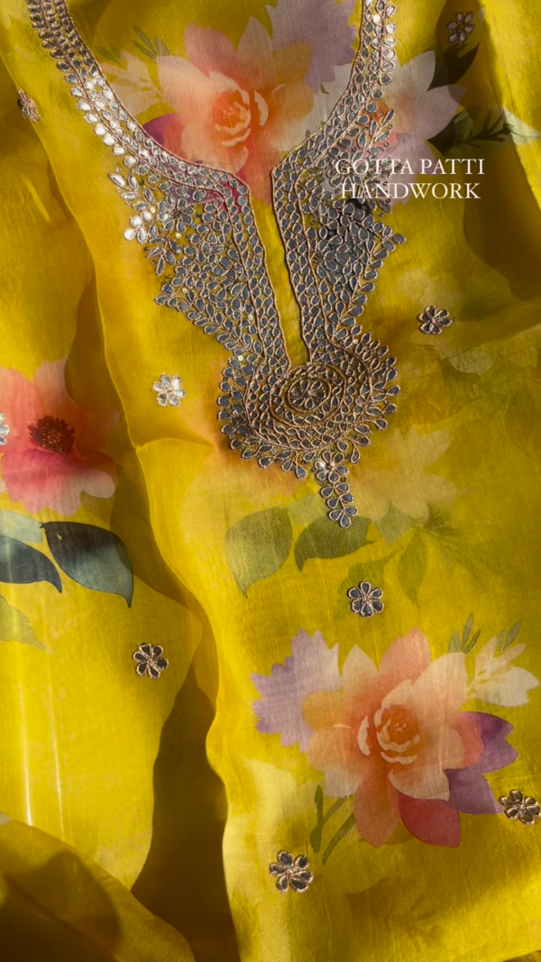 Sunshine Yellow Floral Print Organza Suit with Gotta Patti Handwork