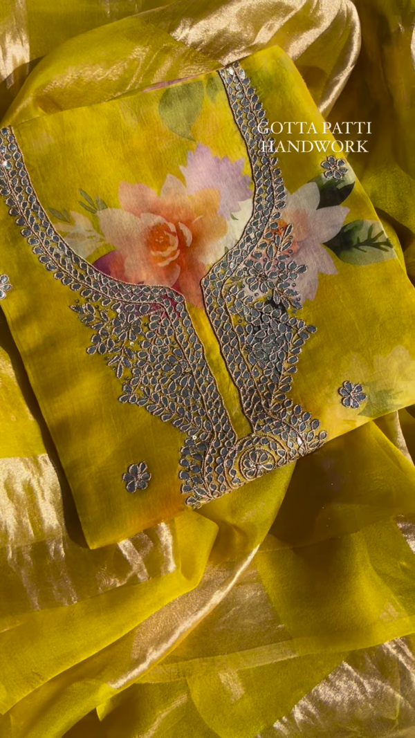 Sunshine Yellow Floral Print Organza Suit with Gotta Patti Handwork