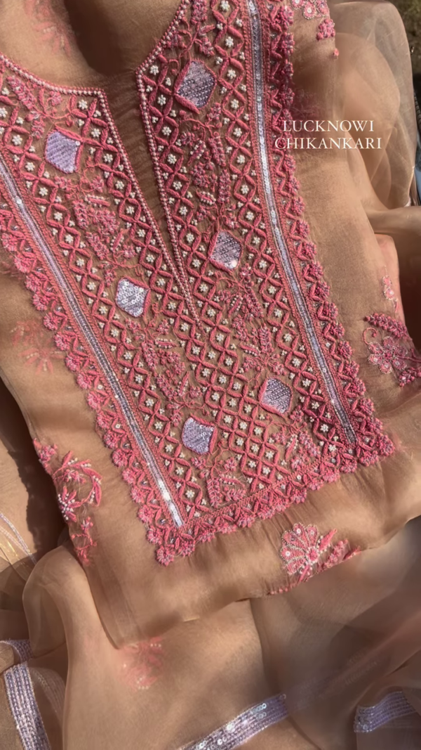 Fawn Lucknowi Chikankari and Mirror Work Unstitched Suit Set