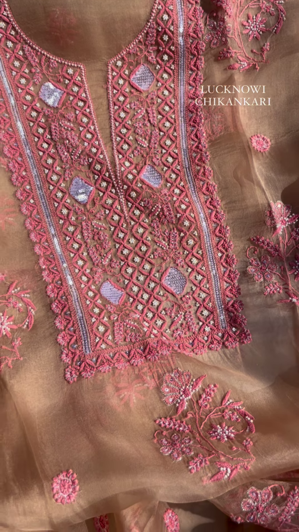 Fawn Lucknowi Chikankari and Mirror Work Unstitched Suit Set