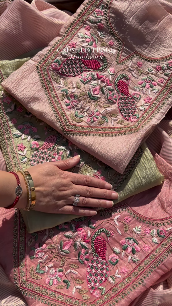 Dusty Rose Crushed Tissue Silk Embroidered Suit Set with Peacock Motifs