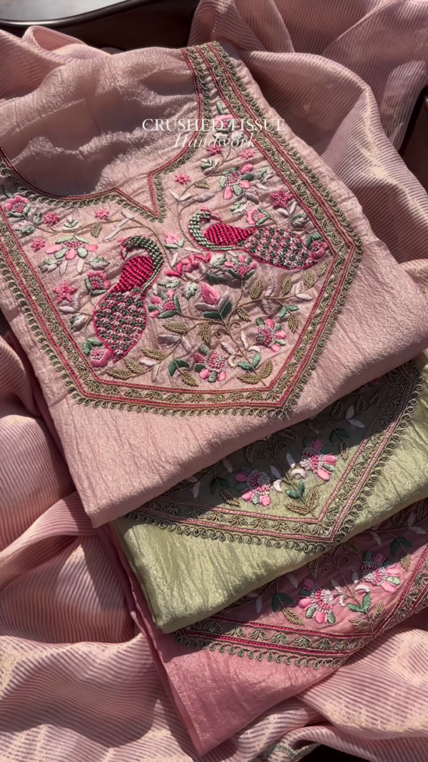 Dusty Rose Crushed Tissue Silk Embroidered Suit Set with Peacock Motifs