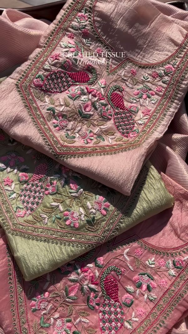 Dusty Rose Crushed Tissue Silk Embroidered Suit Set with Peacock Motifs