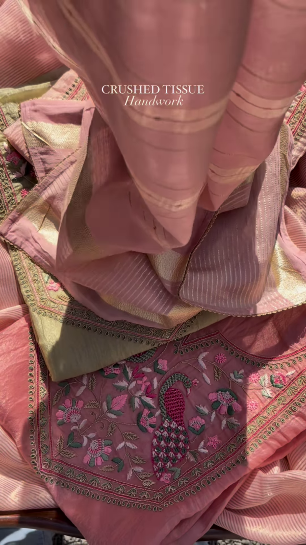 Dusty Rose Crushed Tissue Silk Embroidered Suit Set with Peacock Motifs
