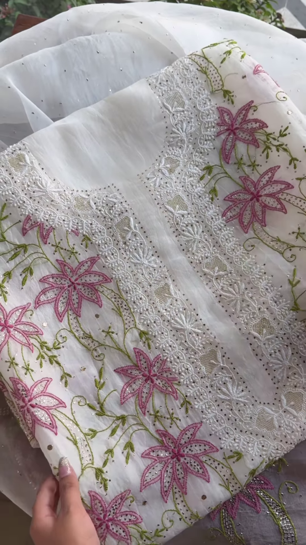 Ivory Chikankari Inspired Floral Embroidered Suit Set with Pink Accents