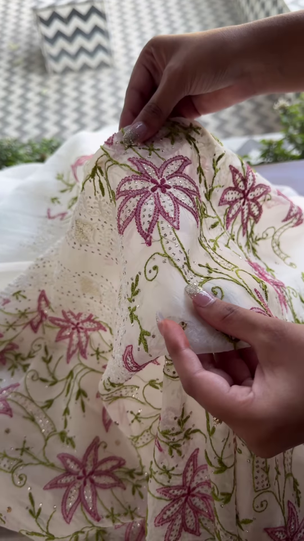 Ivory Chikankari Inspired Floral Embroidered Suit Set with Pink Accents