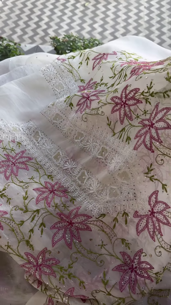 Ivory Chikankari Inspired Floral Embroidered Suit Set with Pink Accents