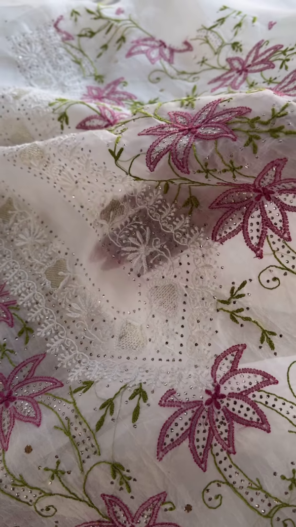 Ivory Chikankari Inspired Floral Embroidered Suit Set with Pink Accents
