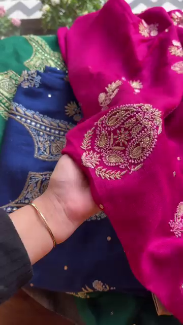 Emerald Green and Royal Blue Zari Embroidered Unstitched Suit Set