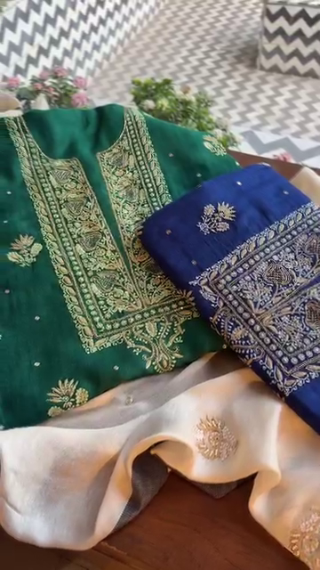 Emerald Green and Royal Blue Zari Embroidered Unstitched Suit Set