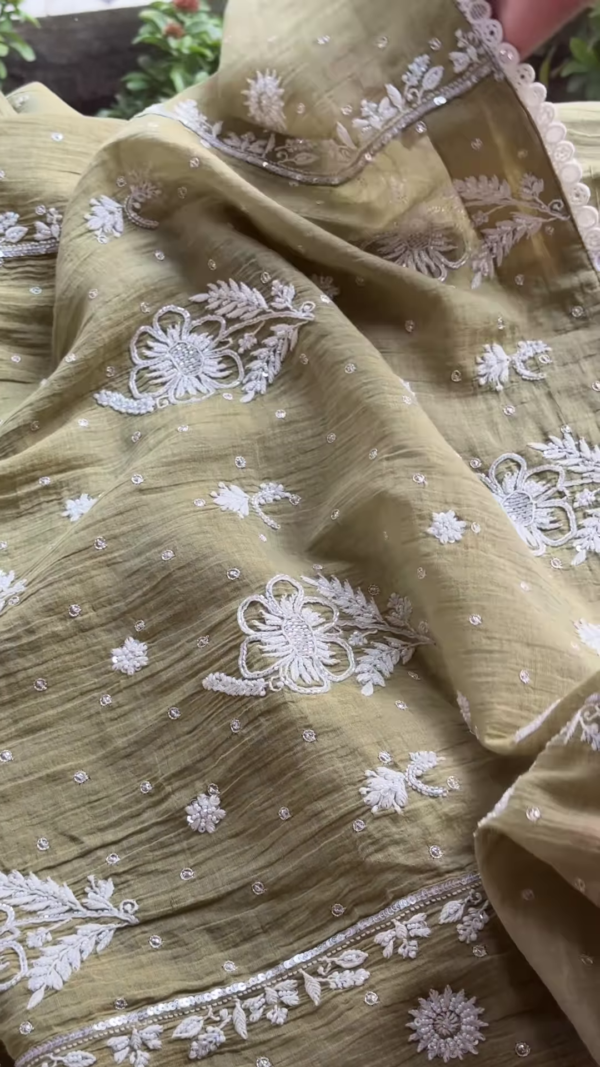 Olive Green Lucknowi Chikankari Unstitched Suit Set