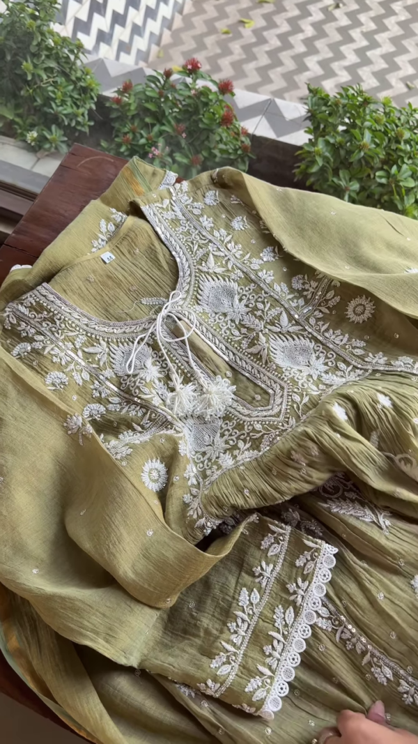 Olive Green Lucknowi Chikankari Unstitched Suit Set