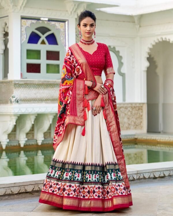 4_d0c076d0-c7d2-4efc-9a76-b1020e82ae1d-1.jpg Off-White Color Tussar Silk Patola Printed Lehenga Choli