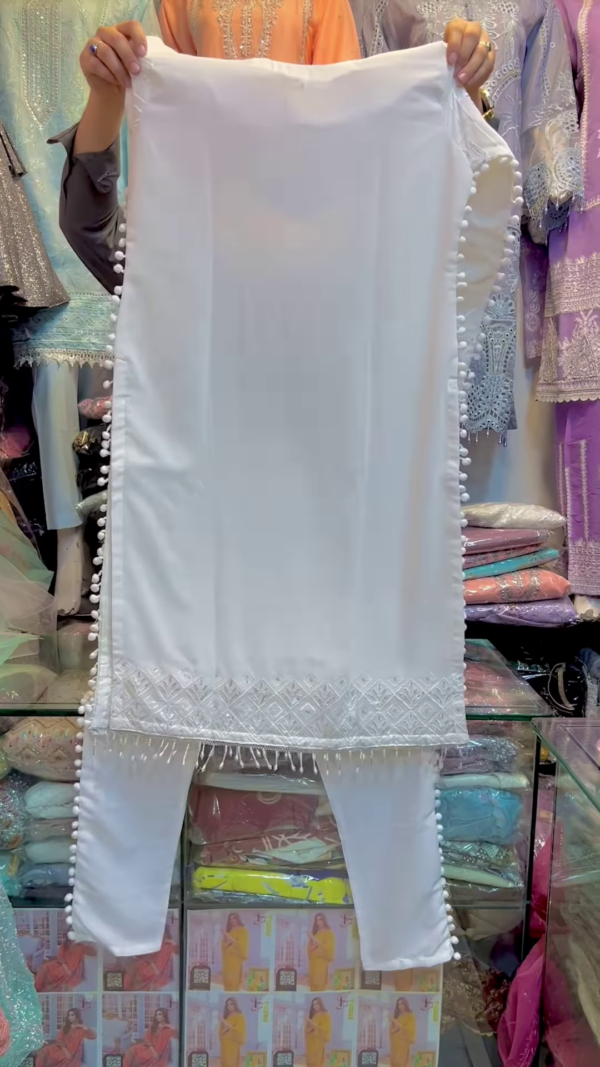 Elegant White Chikankari Kurta Set with Bead Embellishments