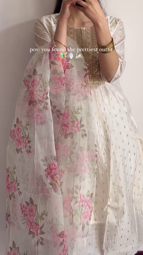 Ethereal White & Gold Anarkali with Floral Dupatta