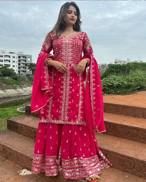 Rani Pink Color Faux Georgette Embroidered Sharara Suit