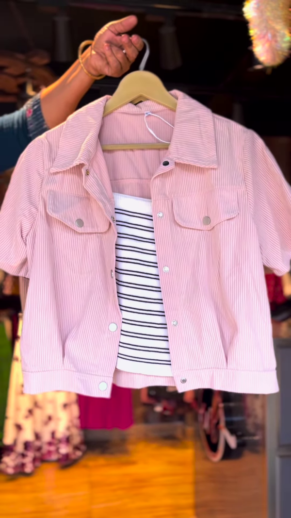 Beige Corduroy Crop Jacket with Black & White Striped Inner Top – Casual Chic Set