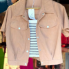 Beige Corduroy Crop Jacket with Black & White Striped Inner Top – Casual Chic Set