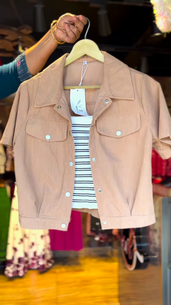 Beige Corduroy Crop Jacket with Black & White Striped Inner Top – Casual Chic Set