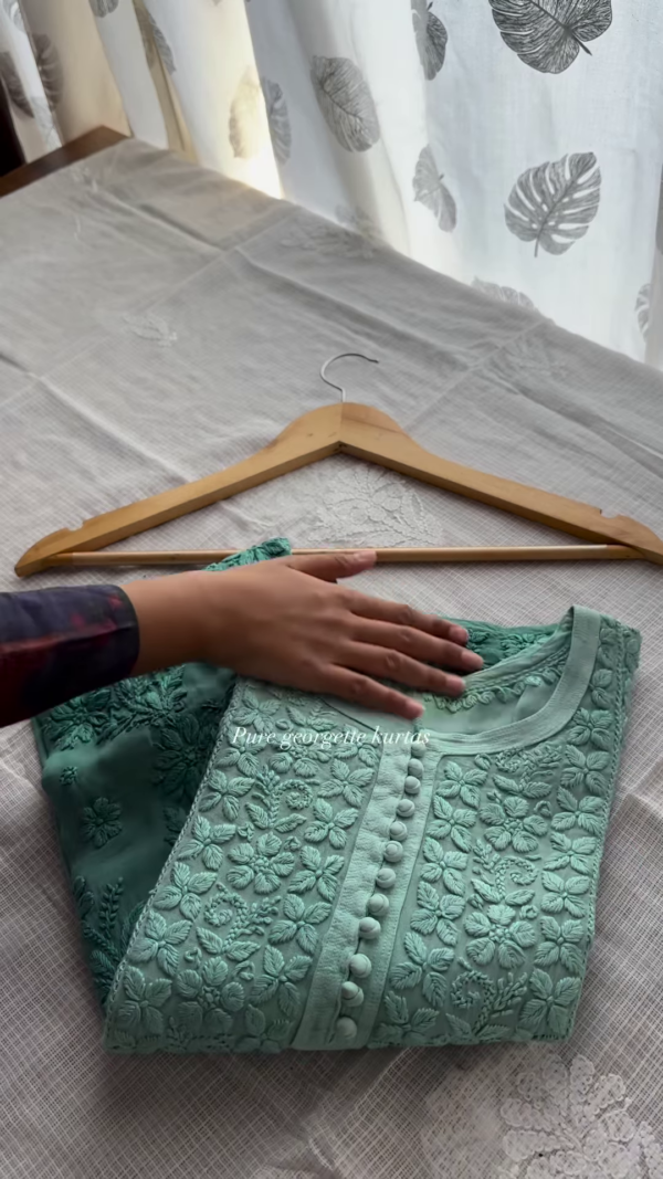 Aqua Green Pure Georgette Embroidered Kurta
