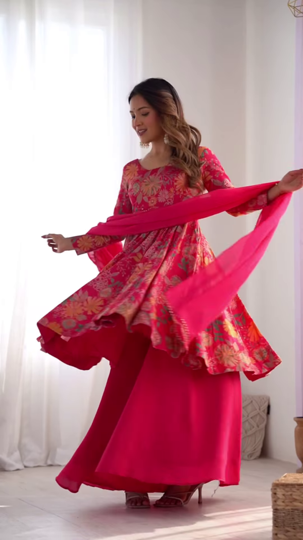 Vibrant Pink Floral Anarkali Suit – A Fusion of Elegance & Grace