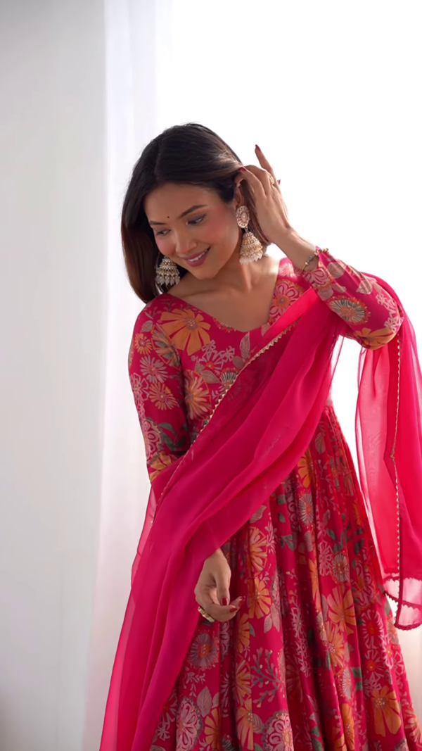 Vibrant Pink Floral Anarkali Suit – A Fusion of Elegance & Grace