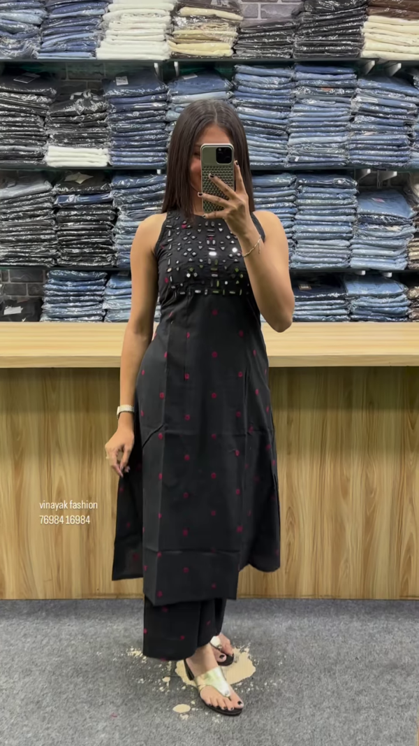 Midnight Black Mirror Work Cotton Kurta Set