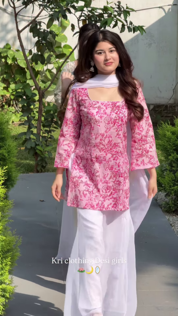 Blush Blossom: Floral Kurti with Palazzo & Dupatta Set