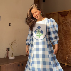 Summer Gingham: Puff-Sleeve Kurti & Floral Palazzo Set