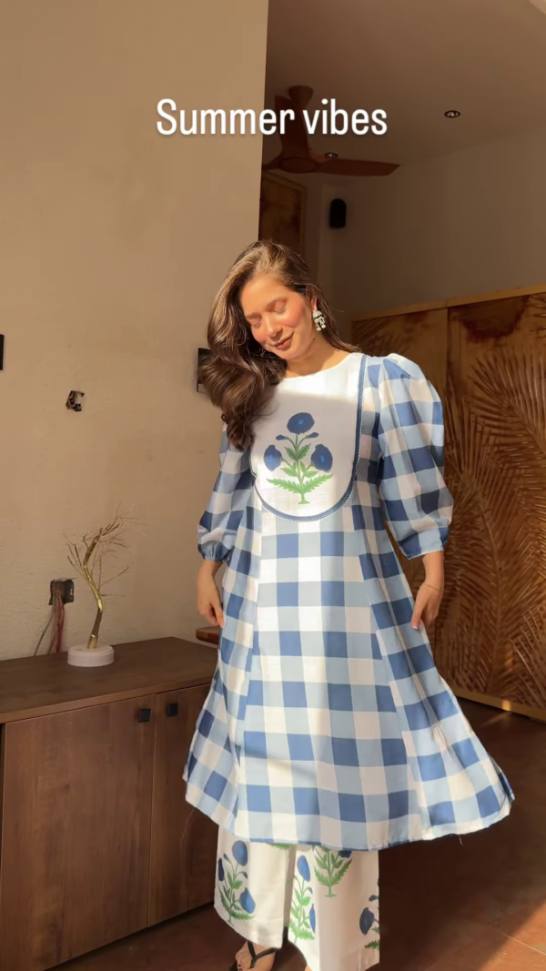 Summer Gingham: Puff-Sleeve Kurti & Floral Palazzo Set