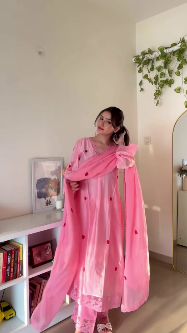 Rose Quartz: Organza Silk Suit with Tulip Motifs