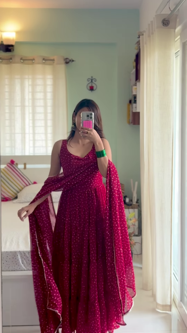 7007-1.png Wine Radiance: Bandhani Print Georgette Anarkali Gown