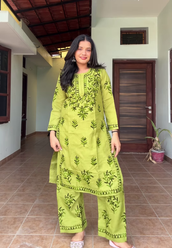 7010-1.png Olive Meadow: Hand-Embroidered Cotton Kurti & Pant Set