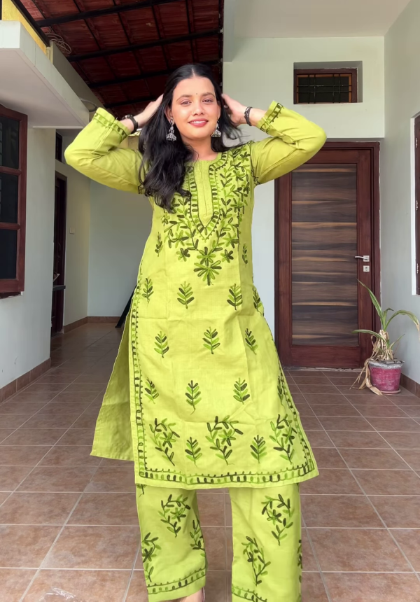 7010-2.png Olive Meadow: Hand-Embroidered Cotton Kurti & Pant Set