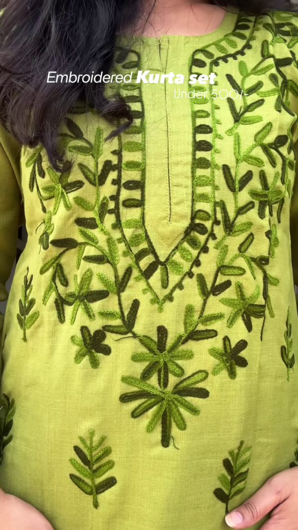 7010-3.png Olive Meadow: Hand-Embroidered Cotton Kurti & Pant Set