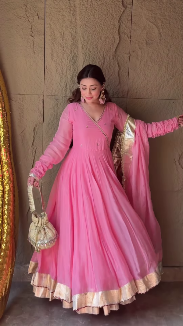 Rosewood Radiance: Angrakha Organza Anarkali Gown